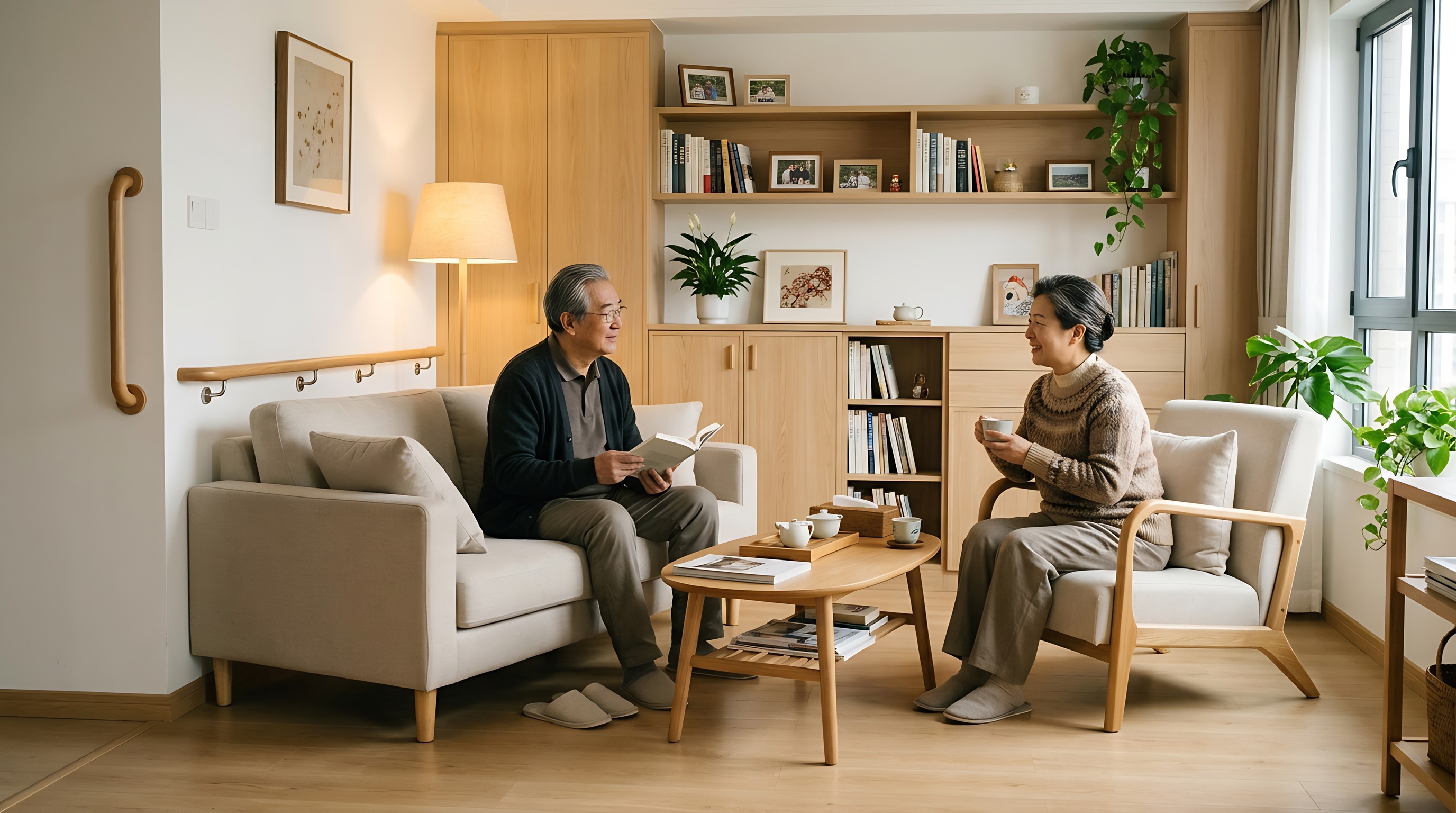 银龄居家概念：中国长者夫妻在温暖客厅交流，扶手座椅与宽敞动线融入家居装饰